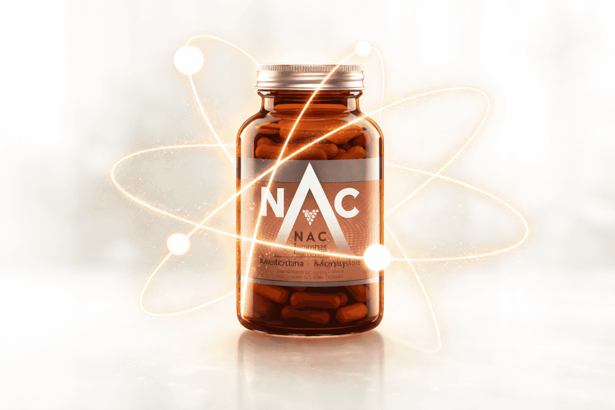 N-Acetylcysteine (NAC) supplement bottle with molecular structure