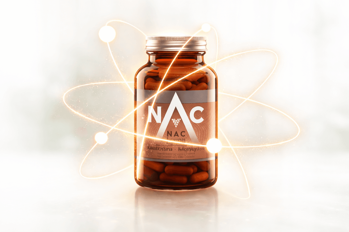 N-Acetylcysteine (NAC) supplement bottle with molecular structure